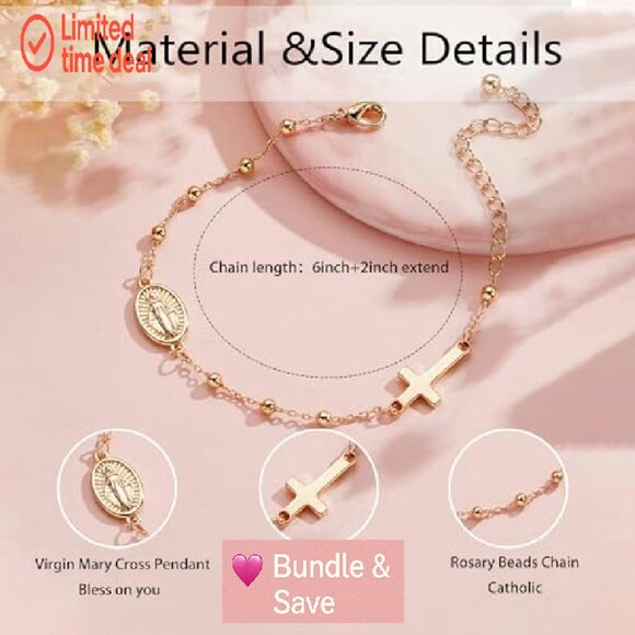 Virgin Mary Cross Charm Bracelet 14k Gold Plated 6 Inch - Picture 6 of 7